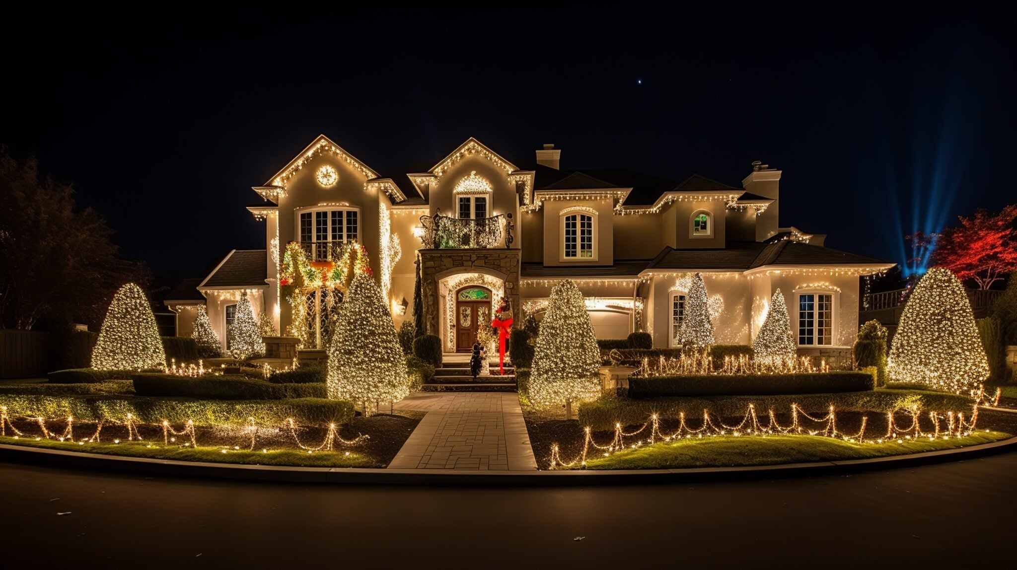 Full Christmas light display on a two-story home at night