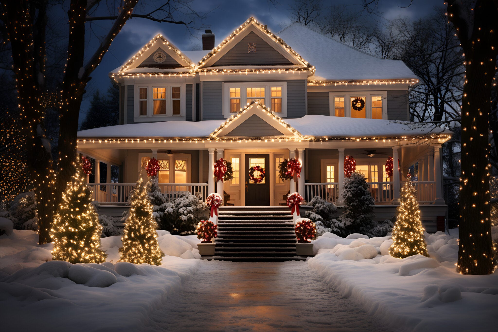 Full-property Christmas light display on a home