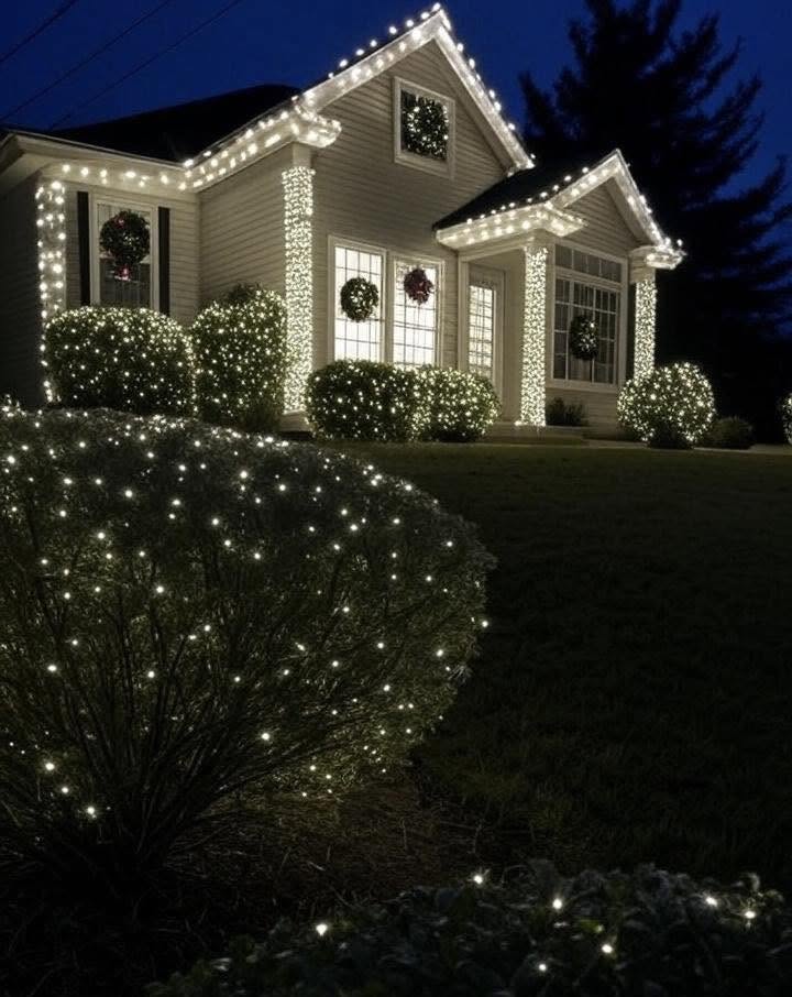 Lit shrubs and roofline on a home installed by HoLITday Designs