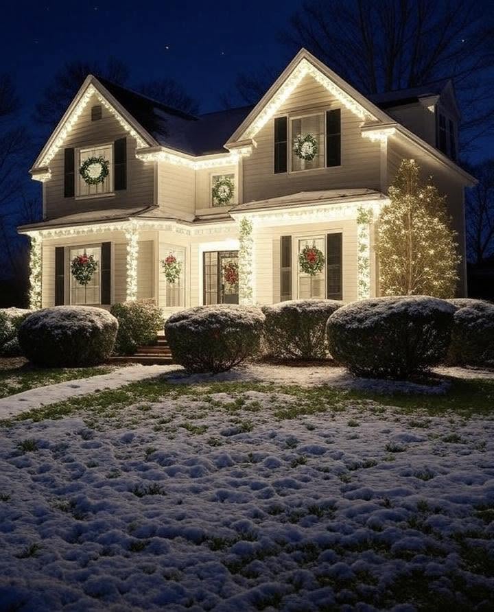 Warm white Christmas lights on a two-story home installed by HoLITday Designs