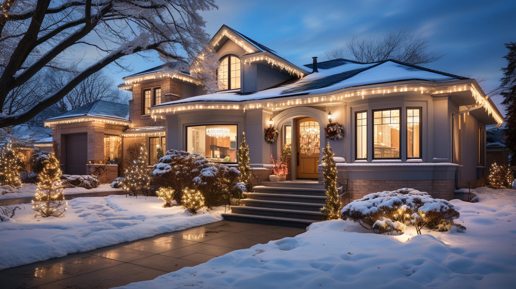 Christmas lights and wreaths on a two-story home in the snow